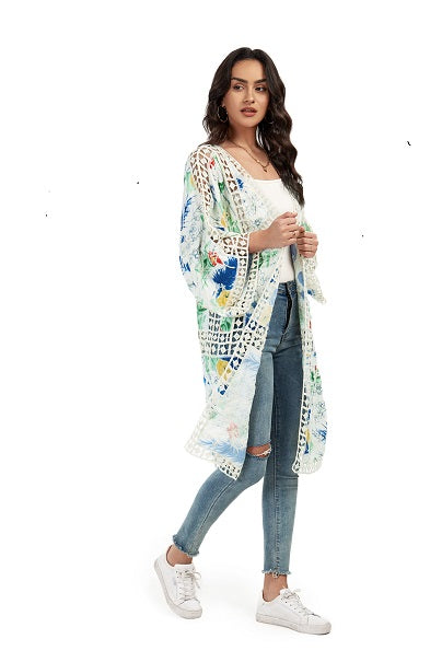 Roffe Floral Print Duster Kimono with Floral Embroidery