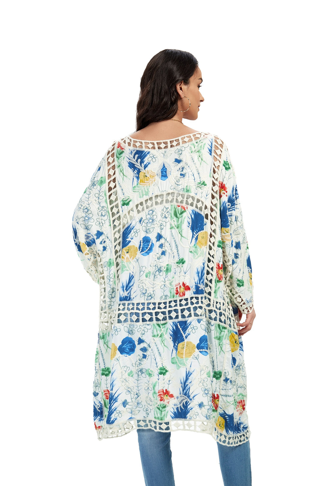 Roffe Floral Print Duster Kimono with Floral Embroidery