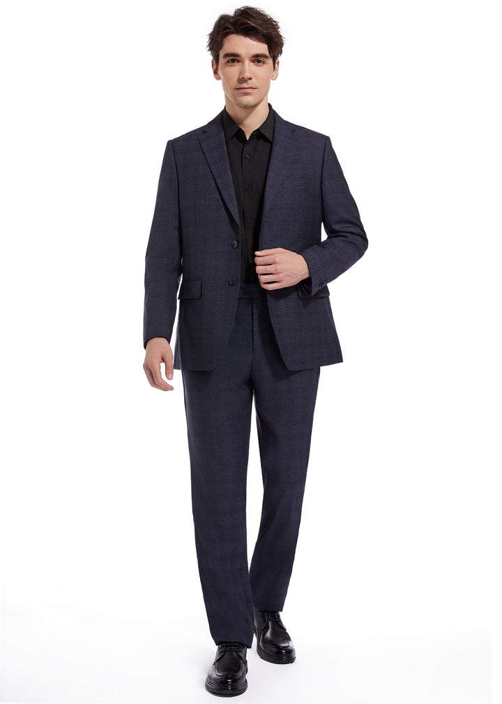 Hechter Paris Solid Navy Textured Plaid Modern Fit Wool Suit