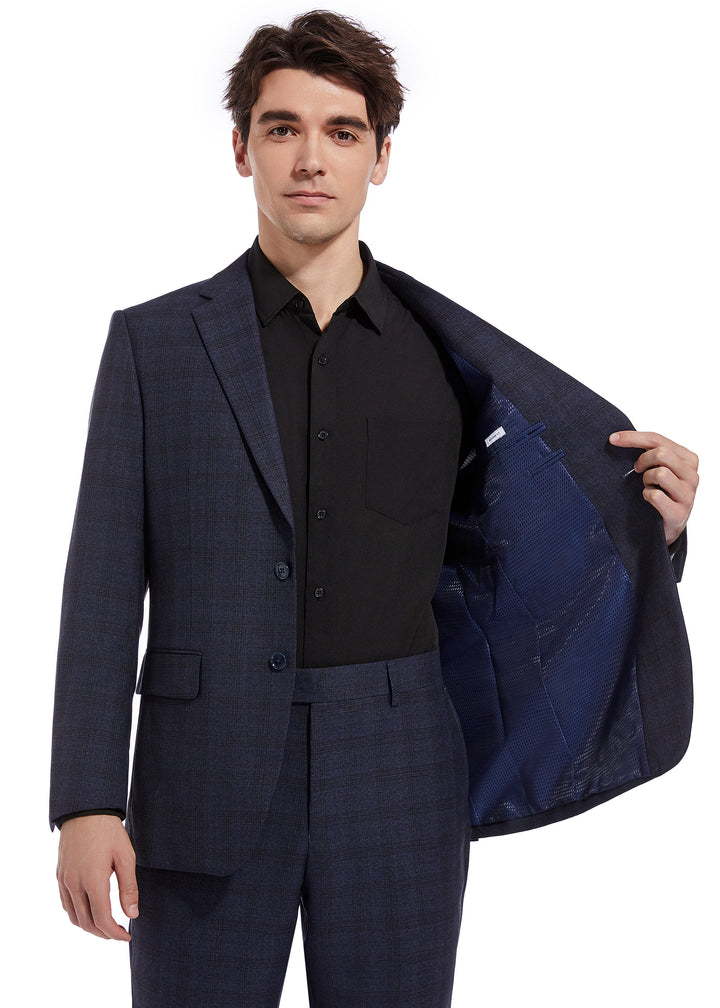 Hechter Paris Solid Navy Textured Plaid Modern Fit Wool Suit