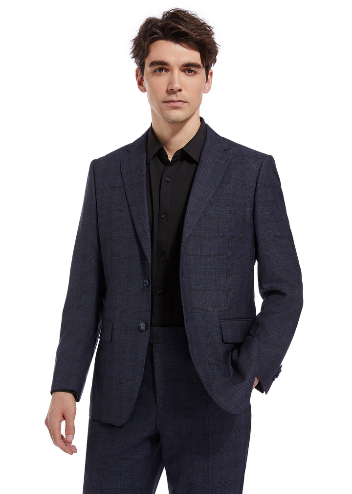 Hechter Paris Solid Navy Textured Plaid Modern Fit Wool Suit