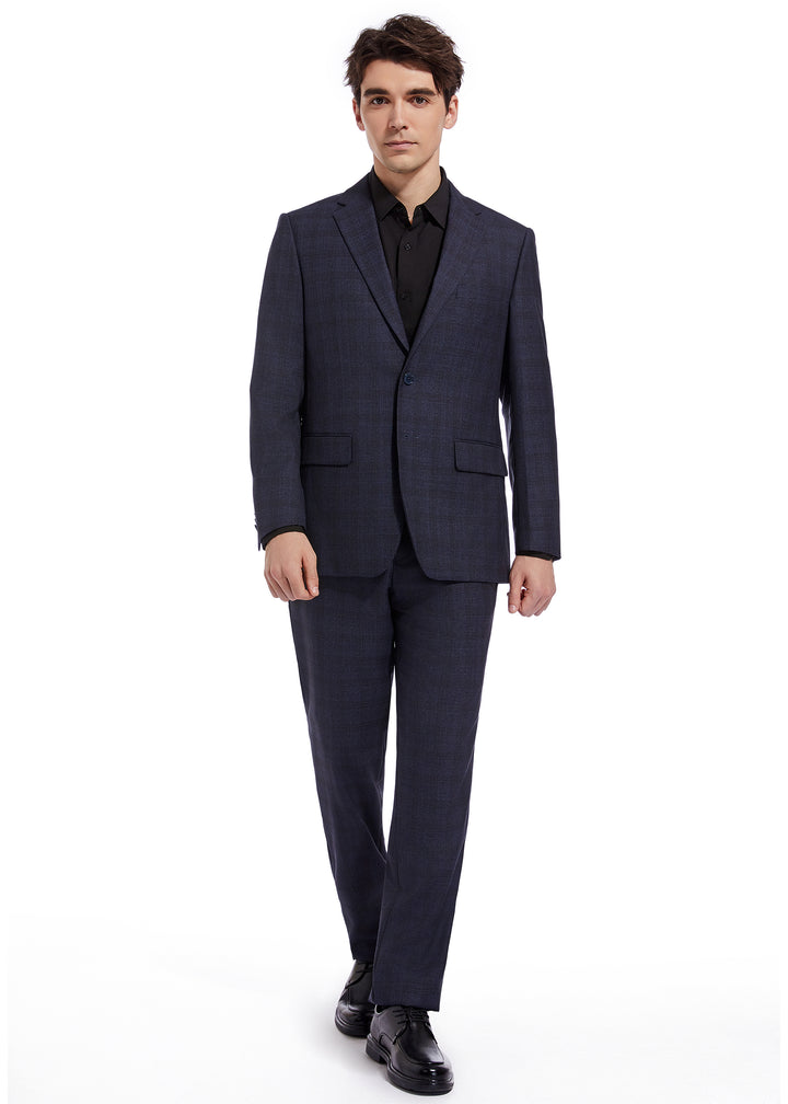 Hechter Paris Solid Navy Textured Plaid Modern Fit Wool Suit