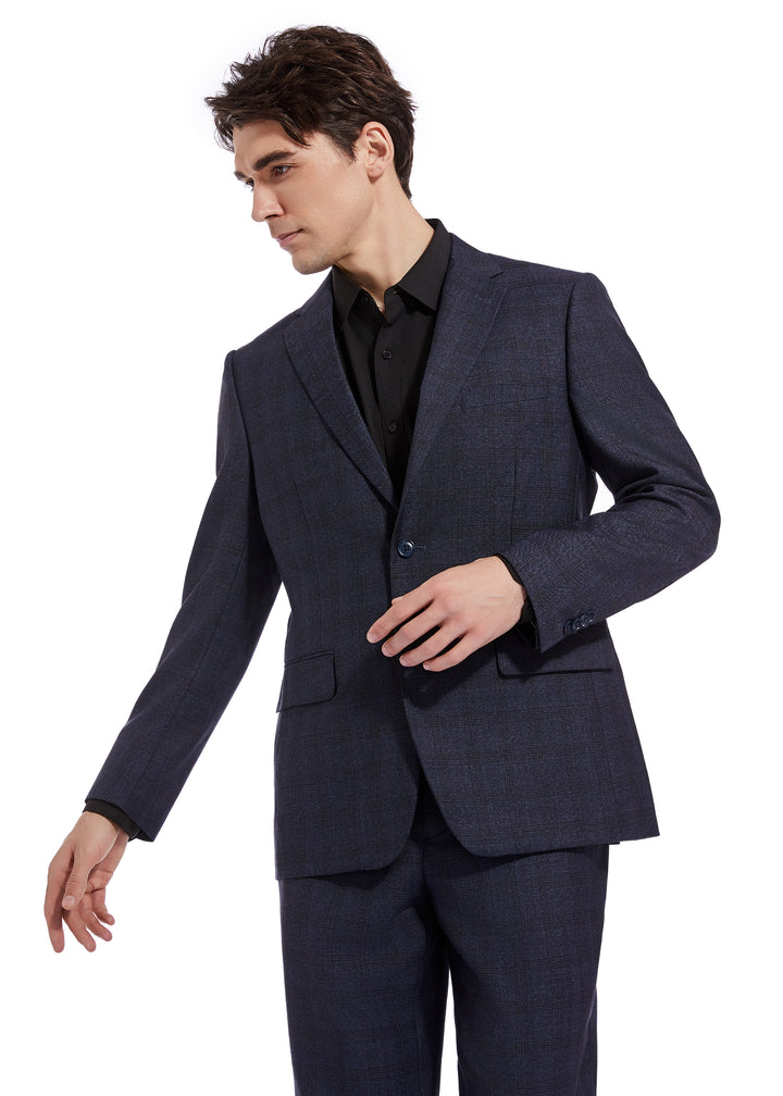 Hechter Paris Solid Navy Textured Plaid Modern Fit Wool Suit