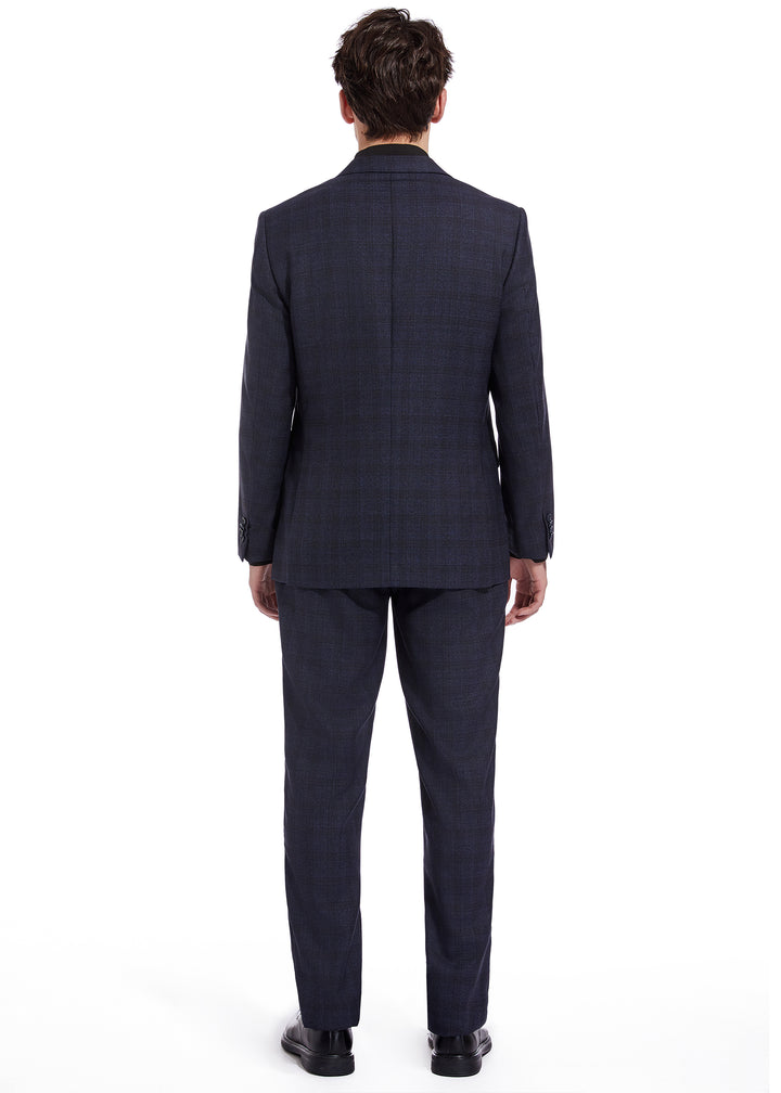 Hechter Paris Solid Navy Textured Plaid Modern Fit Wool Suit