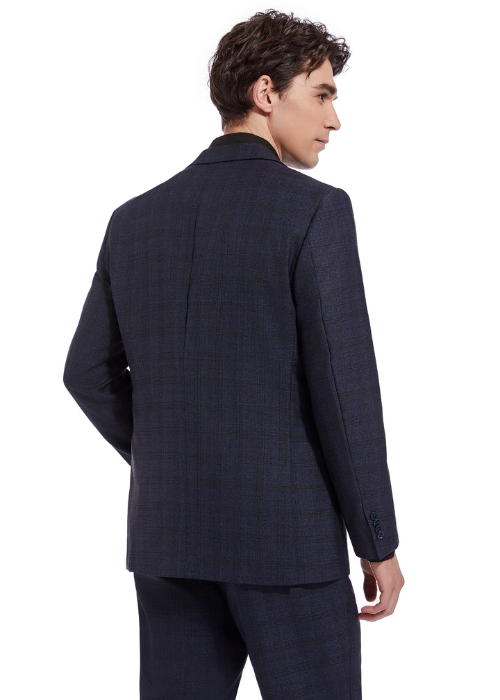 Hechter Paris Solid Navy Textured Plaid Modern Fit Wool Suit