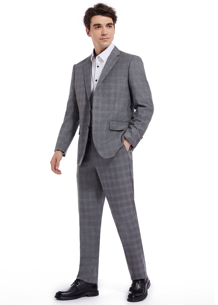 Hechter Paris Charcoal Plaid Modern Fit Wool Suit