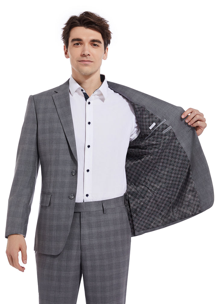 Hechter Paris Charcoal Plaid Modern Fit Wool Suit