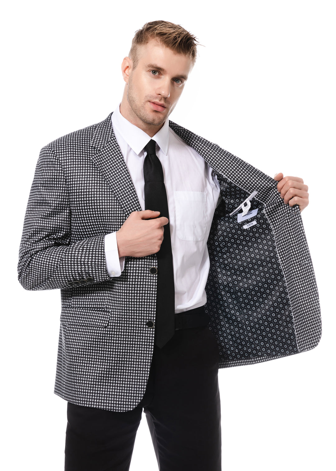 Duchamp Black and White Houndstooth Stretch Blazer