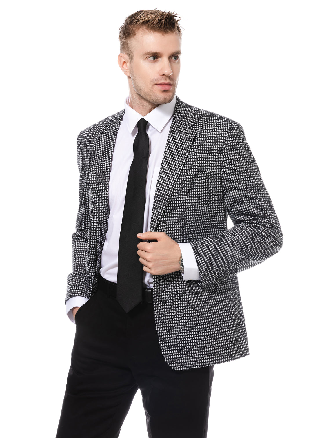 Duchamp Black and White Houndstooth Stretch Blazer